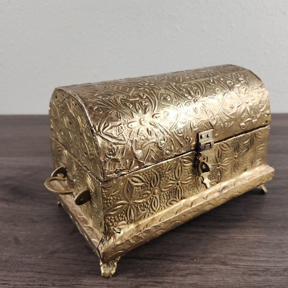 Vintage Brass Embossed Metal Jewelry Treasure Chest Red Velvet Lined Handmade